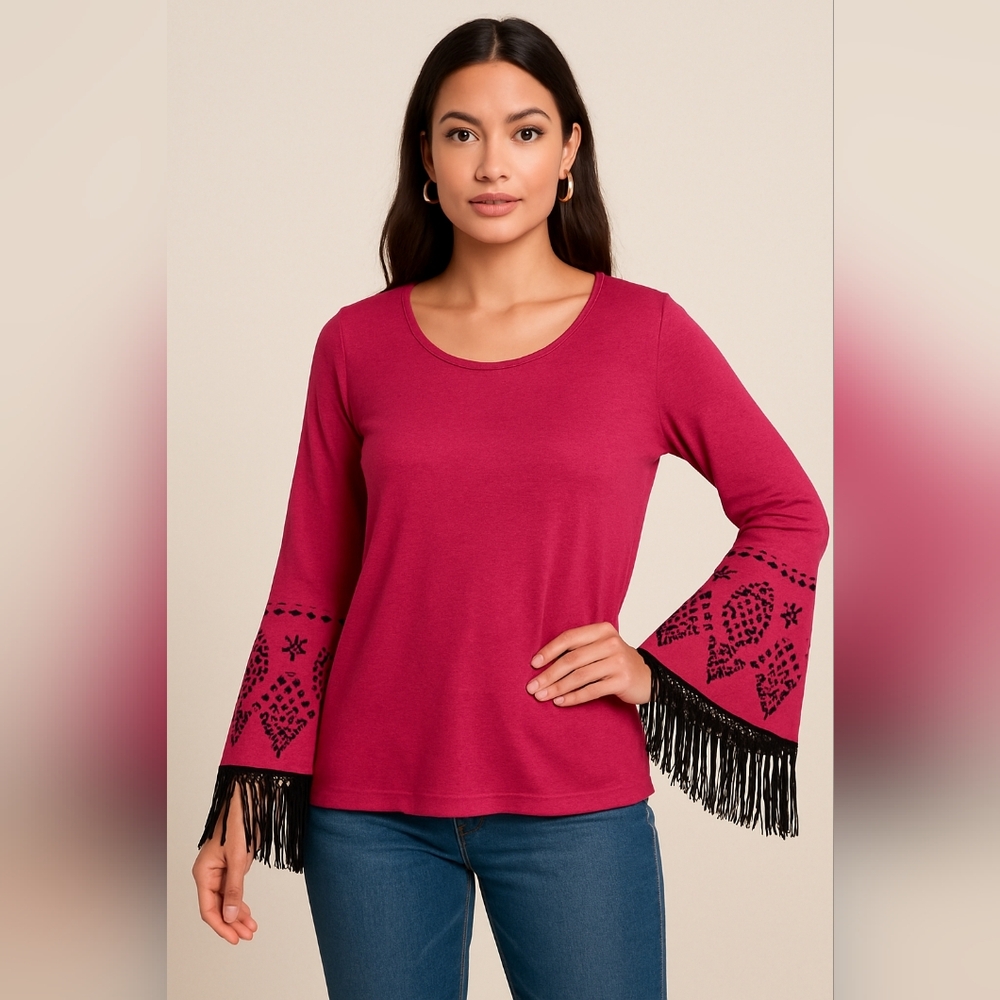 Young Threads NYC Boho Bell Sleeve Top ML Pink Fringe Embroidered Festival Shirt